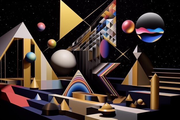 Formas e estruturas geométricas abstratas com um toque cósmico e surrealista contra fundos espaciais estrelados