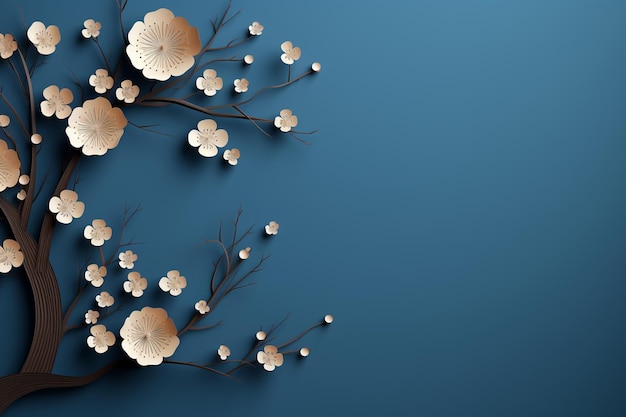 Formas de flores de cerezo y ramas de árboles de papel en una plantilla de papel azul