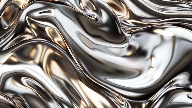 Las formas fluidas de plata y oro se mezclan en un fondo abstracto metálico