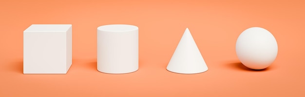 Formas geométricas 3D brancas em fundo laranja
