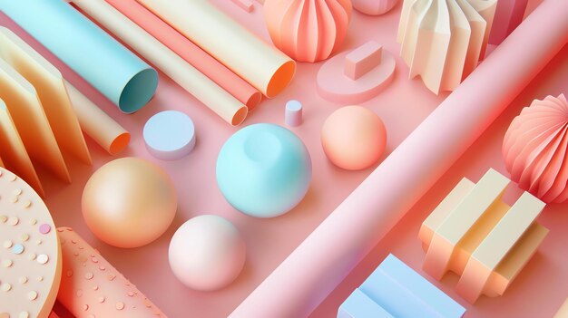 Formas geométricas abstractas de colores pastel sobre un fondo rosado