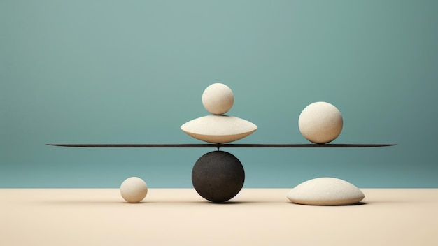 Las formas geométricas abstractas logran el equilibrio combinando elementos de piedra y madera. Equilibrio retratado a través de círculos y esferas. Diseño minimalista y colores neutros beige y azul.