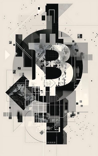Formas geométricas abstractas que forman un logotipo de Bitcoin con una ilustración de minas