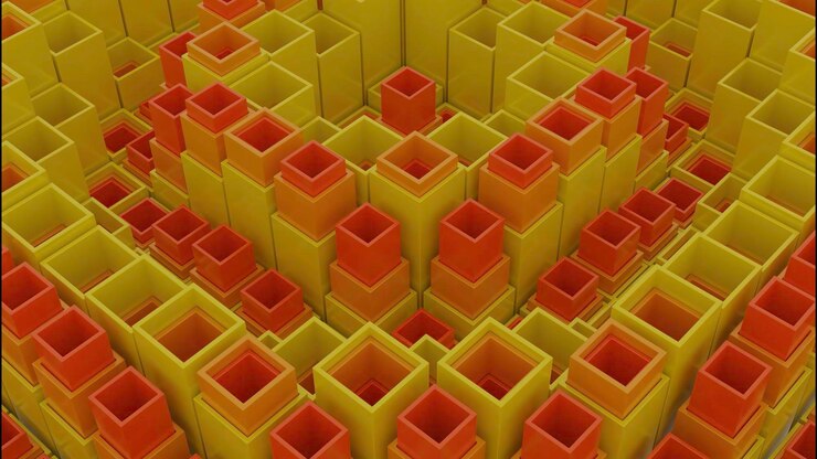 Foto formas geométricas amarelas e verdes em ascensão projetam pequenas figuras d que se alternam em ascensão e descida