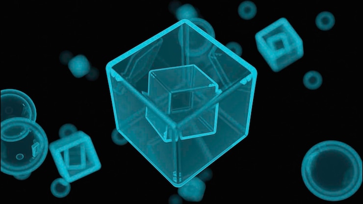 Foto formas geométricas básicas d girando sobre un concepto de diseño de fondo negro de estudios de geometría