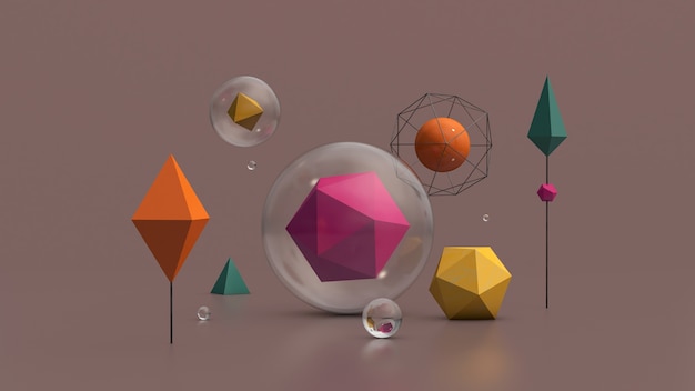 Formas geométricas coloridas. Bolas de vidro. Ilustração abstrata, renderização 3d.