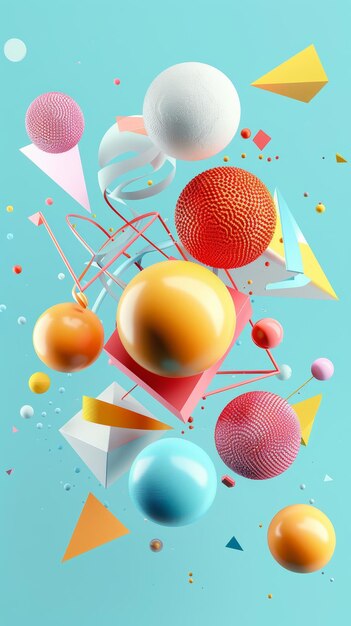 Formas geométricas coloridas flotando en el espacio estilo 3D objetos voladores aislados estilo Memphis render 3D ilustración generada por IA