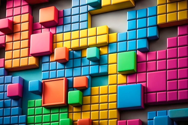 Formas geométricas coloridas semelhantes ao Tetris: uma exibição lúdica de arte abstrata, criada com a tecnologia Generative AI