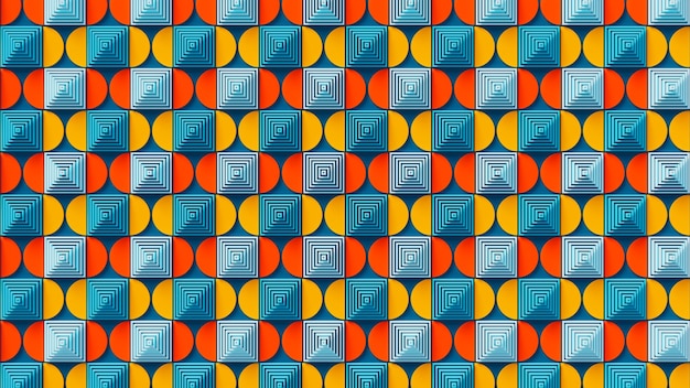 Formas geométricas cuadradas y redondas con colores azul y naranja utilizadas como fondo Imagen horizontal de ilustración 3d