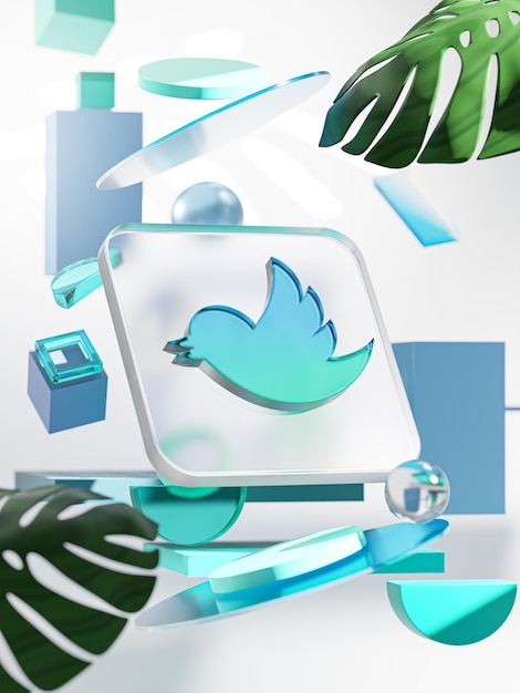 Formas geométricas do ícone do Twitter com Glassmorphism Square Glass e Monstera Leaf 3D Render