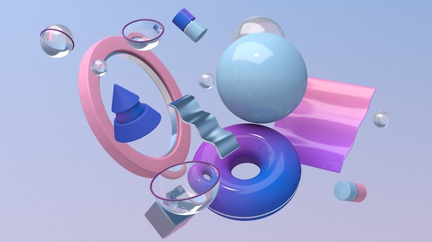 Formas geométricas em azul, rosa e roxo. Ilustração abstrata, renderização em 3d.