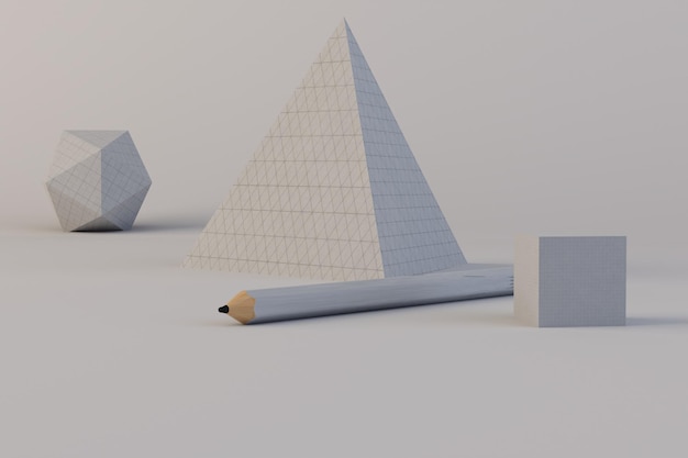 formas geométricas hechas de papel con sombras y un simple lápiz sobre un fondo blanco.