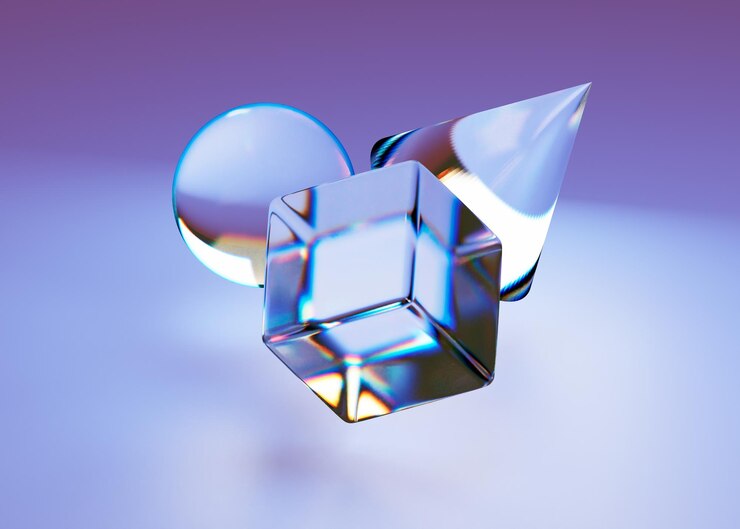Formas geométricas hechas de vidrio Esfera de cubo de vidrio y cono con refracción holográfica 3d render