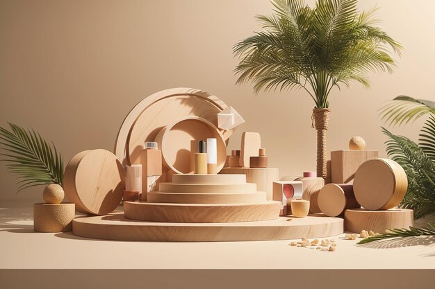 Formas geométricas de madera, cubos y círculos, escena en el podio para productos cosméticos, fondo beige, palma