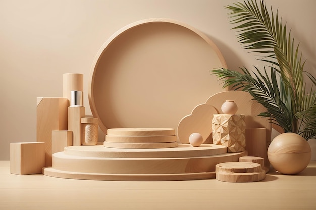 Formas geométricas de madera, cubos y círculos, escena en el podio para productos cosméticos, fondo beige, palma