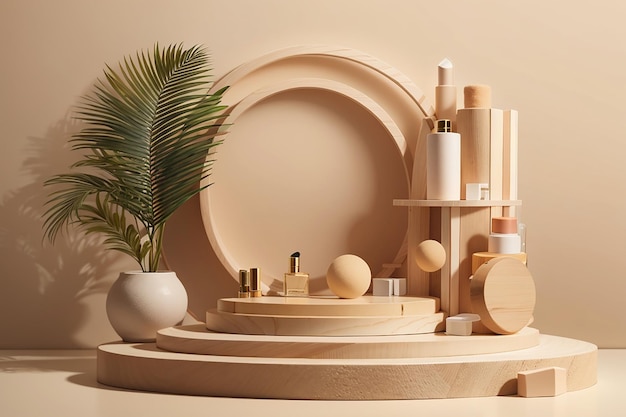 Formas geométricas de madera, cubos y círculos, escena en el podio para productos cosméticos, fondo beige, palma