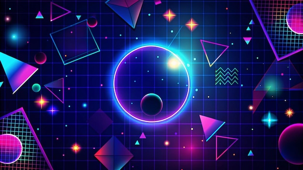 Formas geométricas de neón retro abstractas y patrón de cuadrícula sobre un fondo azul oscuro