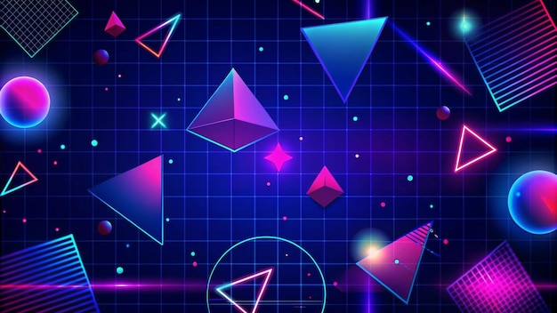 Formas geométricas de neón retro en un fondo de cuadrícula