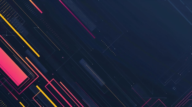 Formas geométricas rosadas y amarillas brillantes en un fondo azul oscuro
