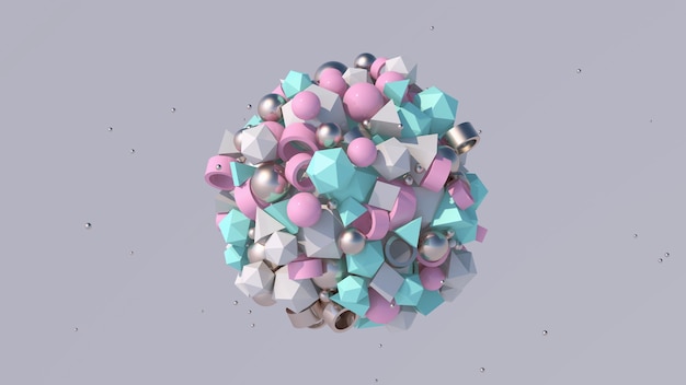 Formas geométricas rosadas, azules, blancas, metálicas. Ilustración abstracta, render 3d.