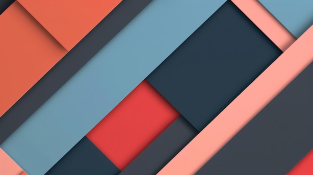 Formas geométricas sobrepostas em vermelho, azul, amarelo e azulado com um design moderno
