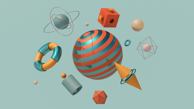 Foto formas geométricas verdes e laranja. esfera listrada grande. ilustração abstrata, renderização 3d.