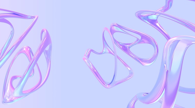 Formas holográficas 3D de color púrpura con textura de neón degradado Fondo geométrico abstracto Formas cromáticas perladas Vidrio o elemento de diseño iridiscente fluido Fondo de pantalla moderno Ilustración de renderizado 3D