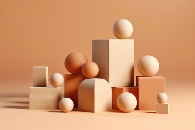 Las formas de madera beige en varias formas sobre un pedestal de madera crean un diseño artístico único. Los colores neutros y el equilibrio geométrico añaden un toque de minimalismo monocromático moderno.