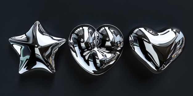 Formas metálicas 3D em design futurista do Y2K em um fundo escuro