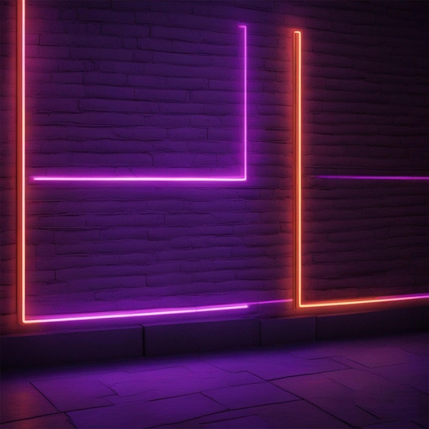 Formas de neón en un ladrillo oscuro con fondo de pared de ladrillo de iluminación ultravioleta