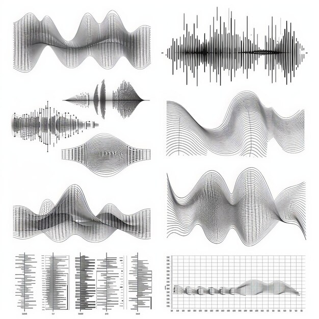 Foto formas de onda de audio con ondas de sonido formas de ola con vibraciones musicales ecualizadores estéreo y niveles de volumen modernos banda sonora de audio monocolor vibraciones musicales