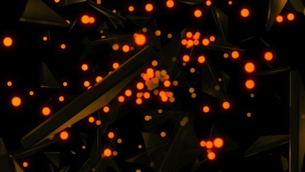 Formas de oro y muchas partículas brillantes en el espacio de celebración 3d renderizado de fondo generado por computadora