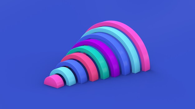 Formas de semicírculo de colores. Fondo azul. Ilustración abstracta, render 3d.