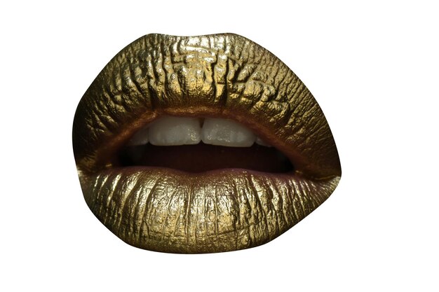 Formas sensuais de lábios de mulher Ícone de lábio com efeito de brilho dourado Boca sensual Símbolo de beijo de batom dourado Boca de ouro de luxo de glamour Isolado no branco