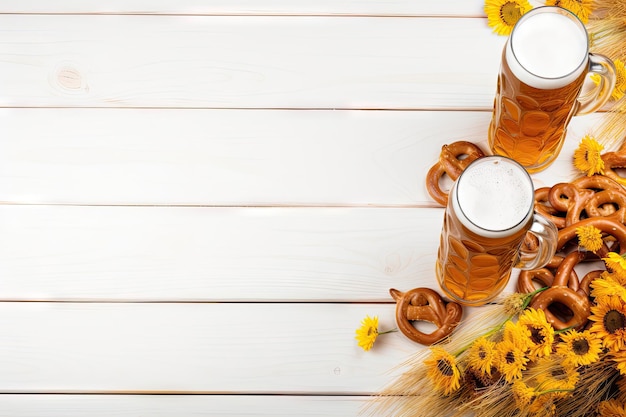 Foto formato de banner de vista superior de pretzels bávaros con taza de botella de cerveza sobre un fondo de madera blanca en okt