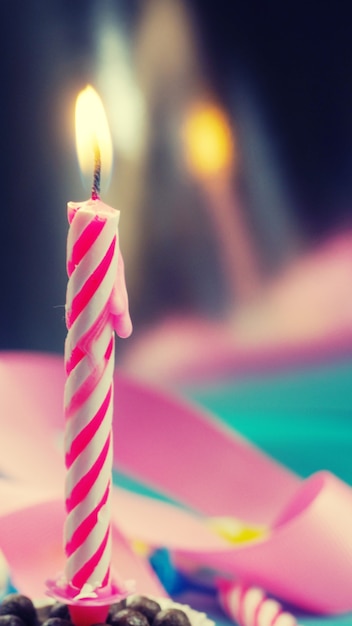 Formato móvil vertical para historias de smartpone quemando pastel de velas de cumpleaños sobre un fondo de color