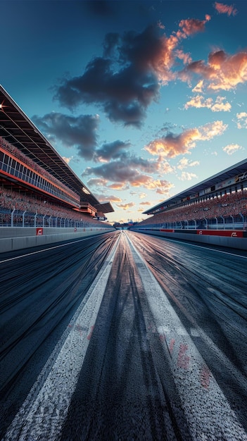 Formel-1-Rennstrecke mit leeren Tribünen beim Sonnenuntergang