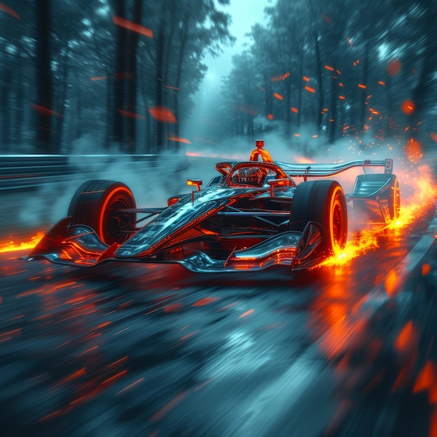 Formel-1-Rennwagen auf einer regnerischen Strecke mit Feuer aus den Rädern