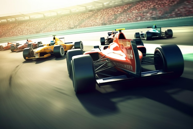 Formel-1-Rennwagen rasen um eine Kurve auf der Strecke vor einem Stadion