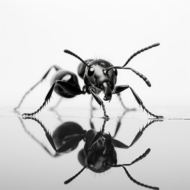 Foto formiga negra e branca na água uma peça de arte de precisão