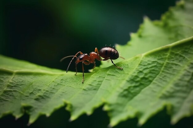 Formiga vermelha em uma folha verde fechada criada com a tecnologia Generative AI