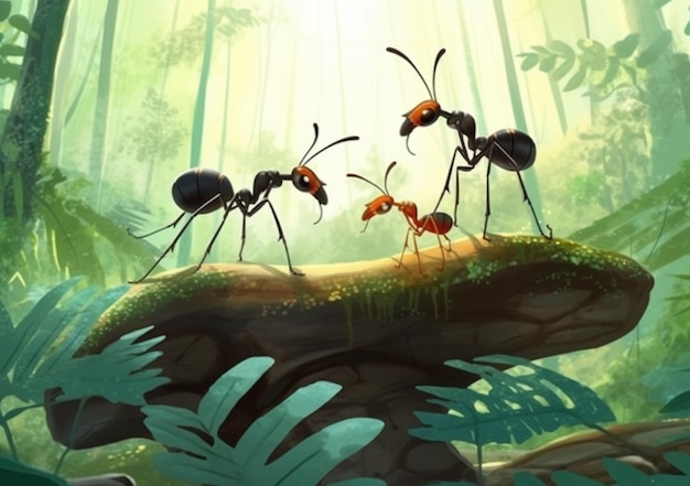 Foto formigas estão andando em um tronco na selva geradora de ia
