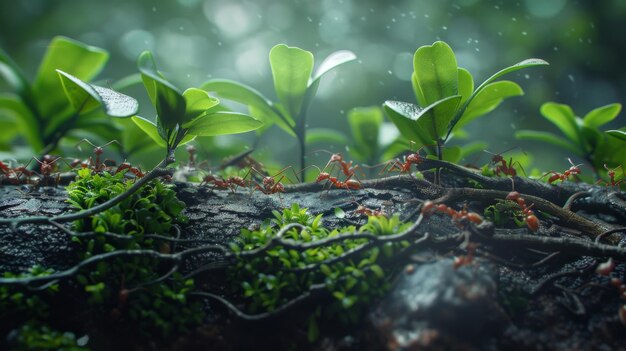 formigas marchando ao longo de um chão da floresta navegando um terreno de folhas e galhos verdes vibrantes