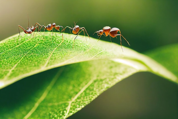 Formigas marrons amarelas engraçadas alinhadas próximas umas das outras sobre fundo verde