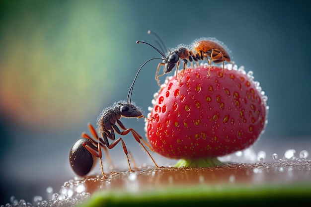 Formigas trabalhando em equipe carregando um morango AI Generative