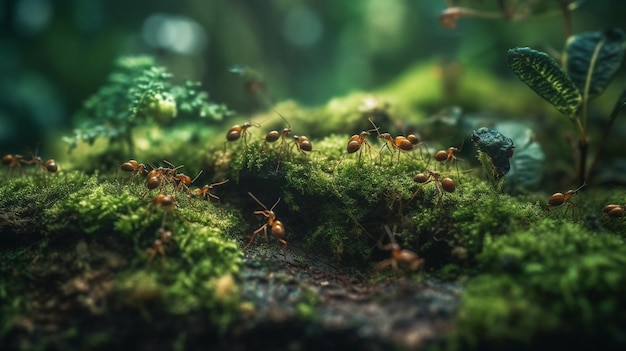 Formigas vermelhas em musgo na floresta Macro shotgenerative ai