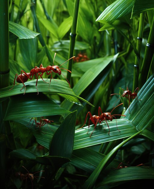 Foto formigas vermelhas em uma grama verde