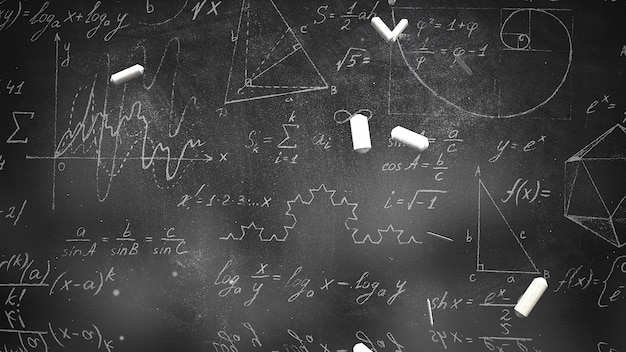 Fórmula matemática de primer plano y elementos en la pizarra, antecedentes escolares. Ilustración 3D elegante y de lujo del tema de la educación