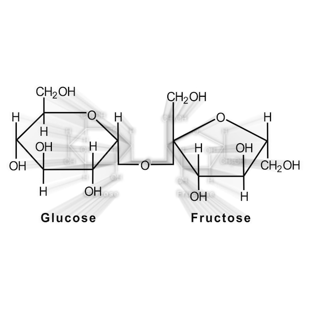 Fórmula química estrutural da sacarose em um fundo branco