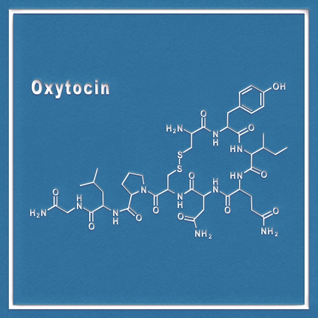 Fórmula química estrutural do hormônio da oxitocina em um fundo branco